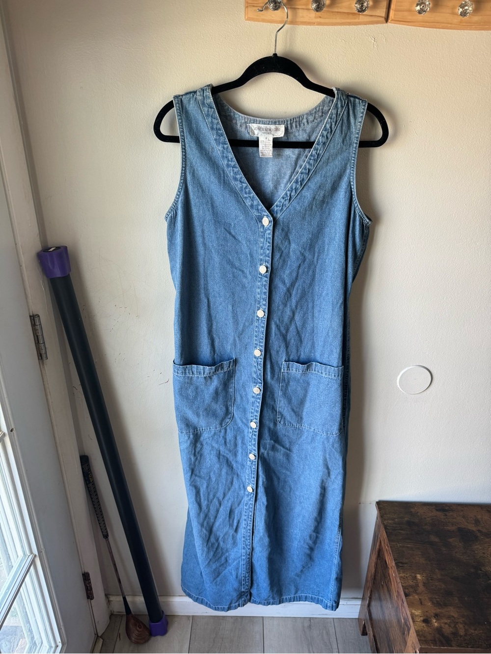 Vintage 90s Jones New York Denim Jumper Dress Button Pinafore Maxi Dress